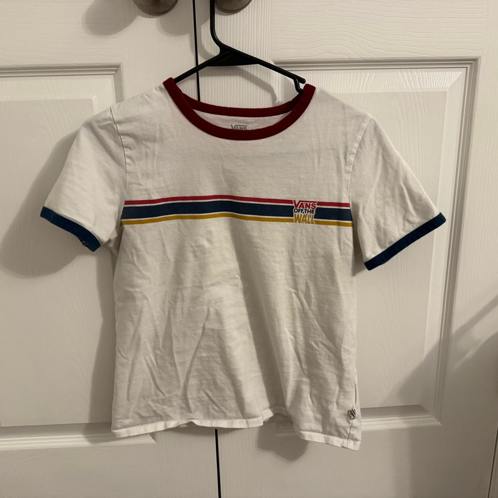 Vans T Shirt size M Juniors White Spellout Stripes Logo Short Sleeve Ringer Top